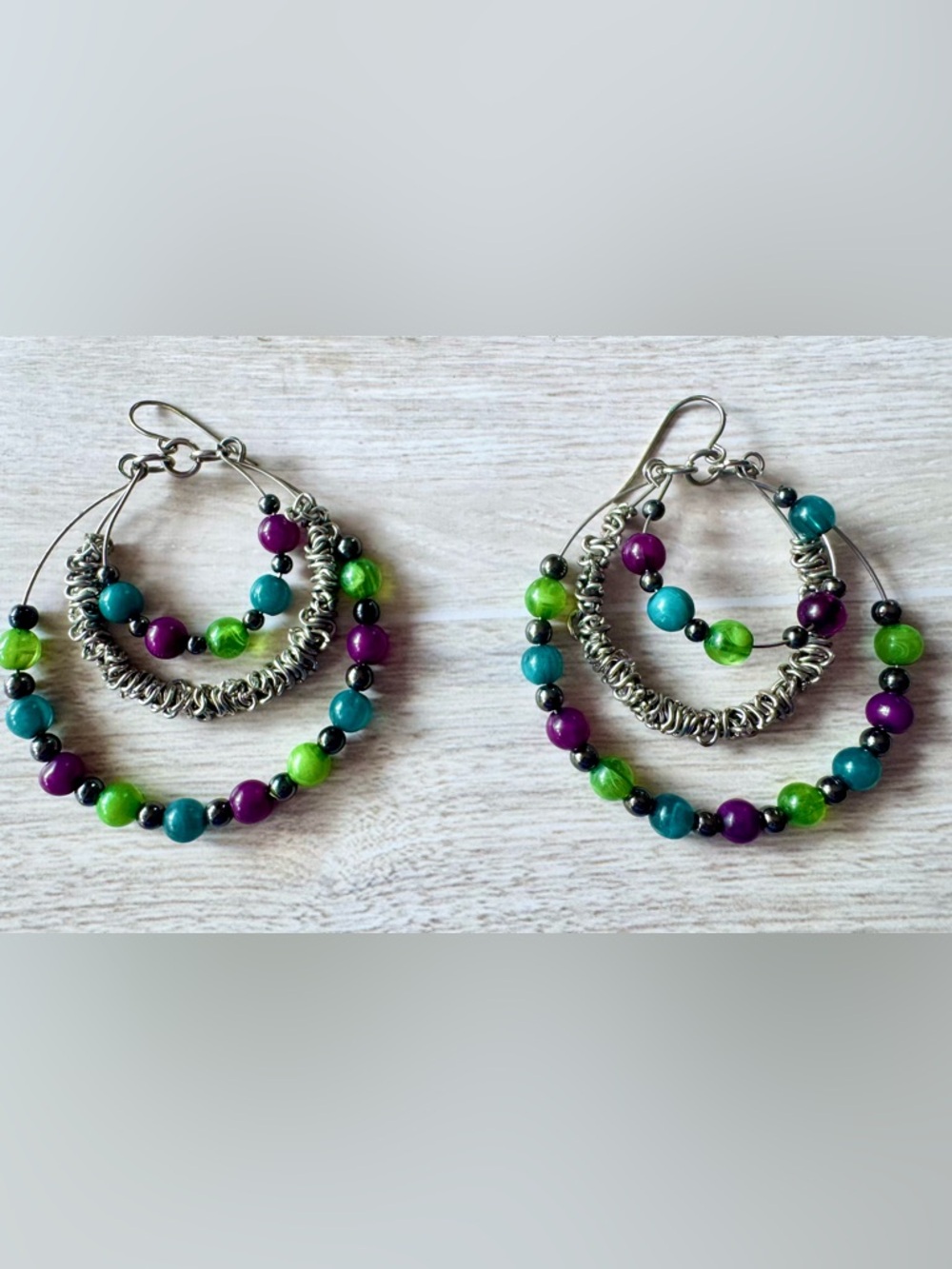 Multicolor Beaded Hoop Earrings — Green, Teal & Purple